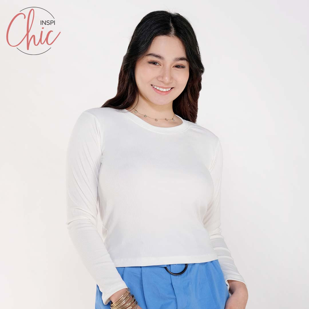 INSPI Chic Trendy Curve Ribbed Long Sleeves Neck Trendy Tops Shirt Blouse Top Long Sleeve for Women