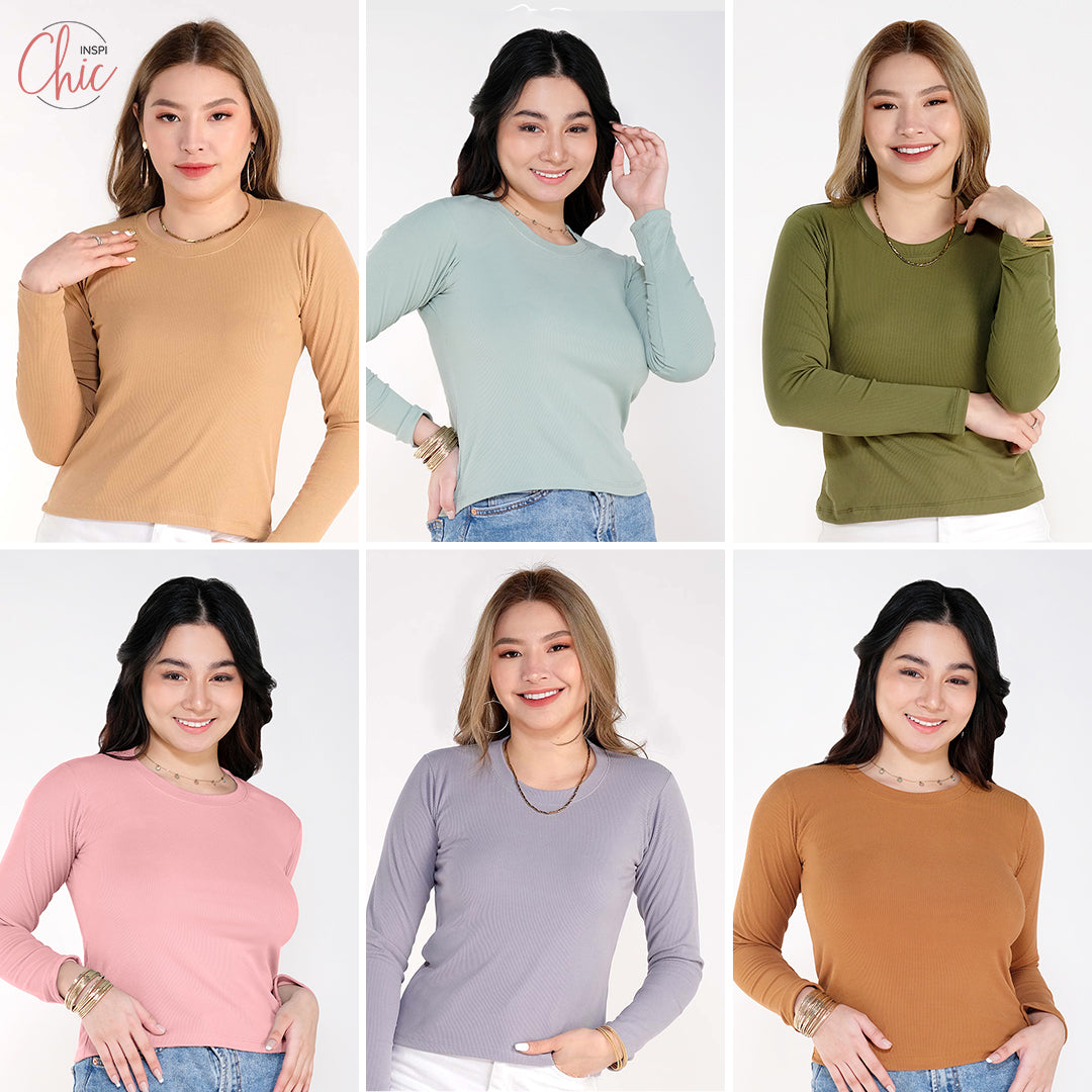 INSPI Chic Trendy Curve Ribbed Long Sleeves Neck Trendy Tops Shirt Blouse Top Long Sleeve for Women