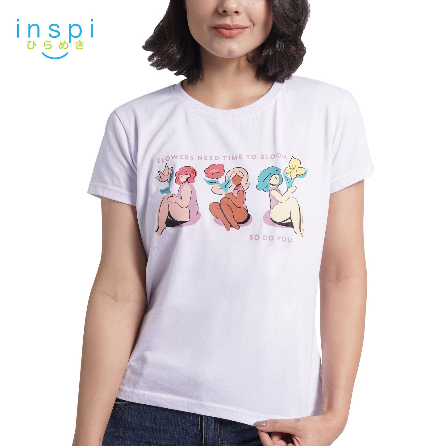 INSPI Tees Ladies Loose Fit Flowers Need Time To Bloom Graphic Tshirt