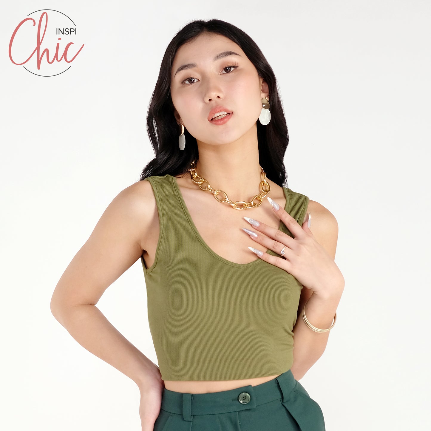 INSPI Chic Trendy Curve Ribbed Deep V-Neck Trendy Top Shirt Sleeveless Top Long Sleeve for Women