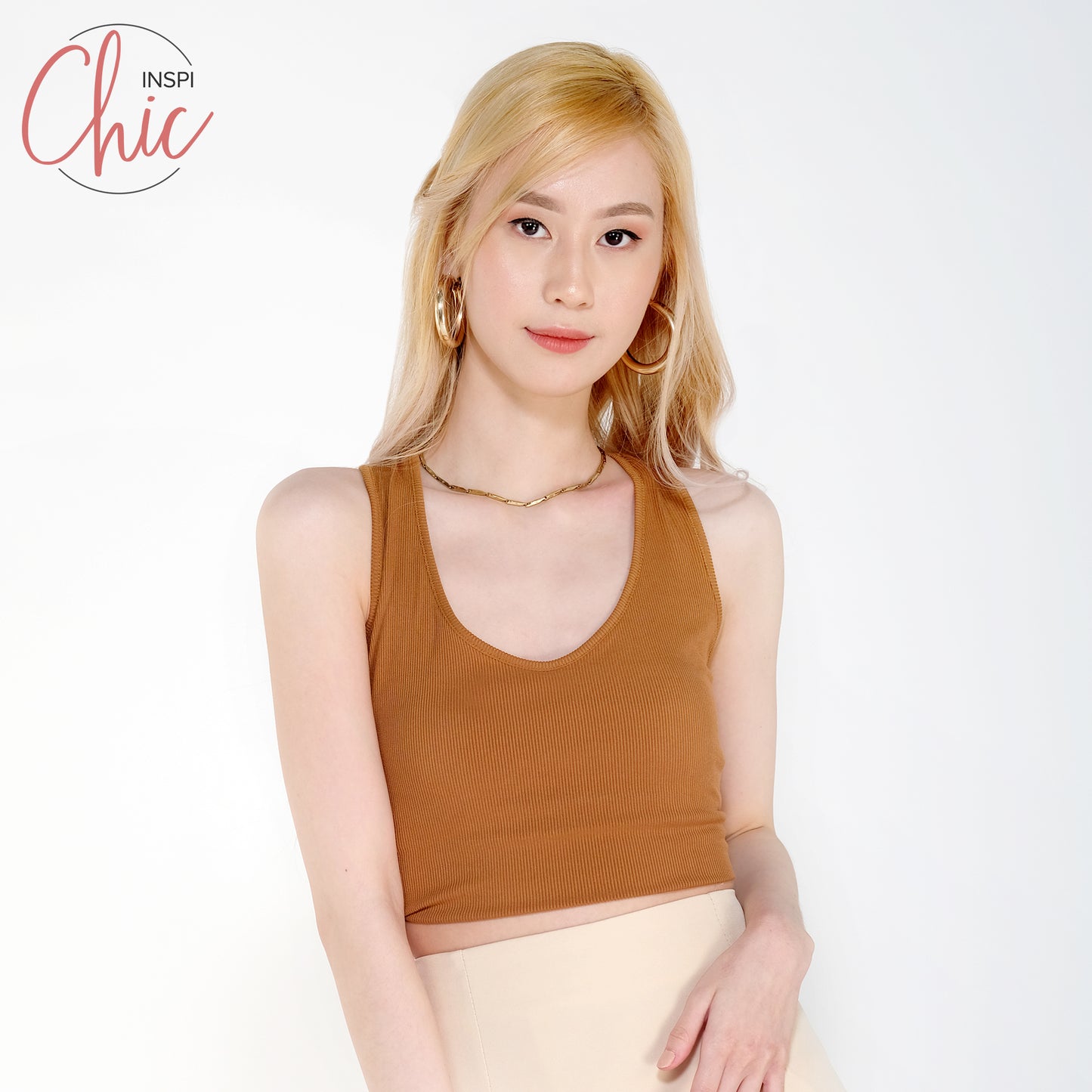 INSPI Chic Trendy Curve Ribbed Deep V-Neck Trendy Top Shirt Sleeveless Top Long Sleeve for Women