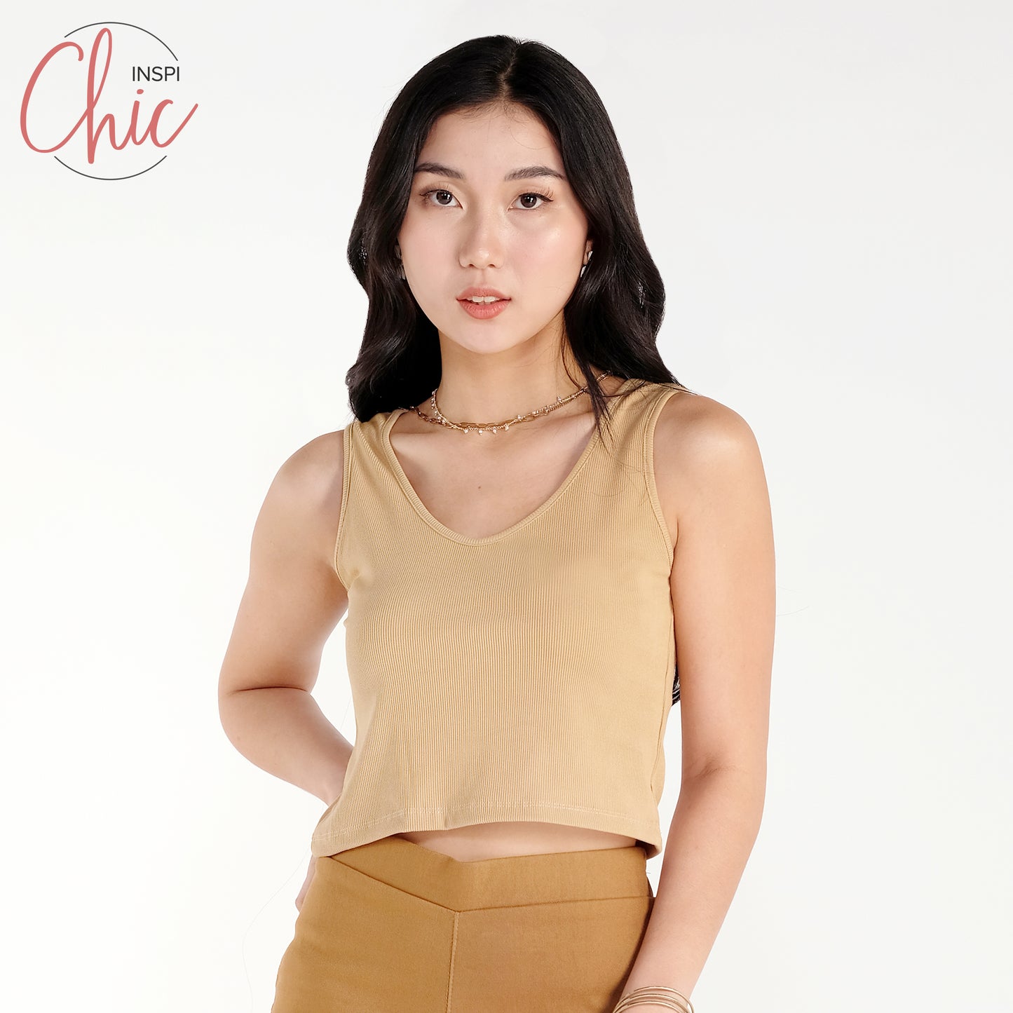 INSPI Chic Trendy Curve Ribbed Deep V-Neck Trendy Top Shirt Sleeveless Top Long Sleeve for Women