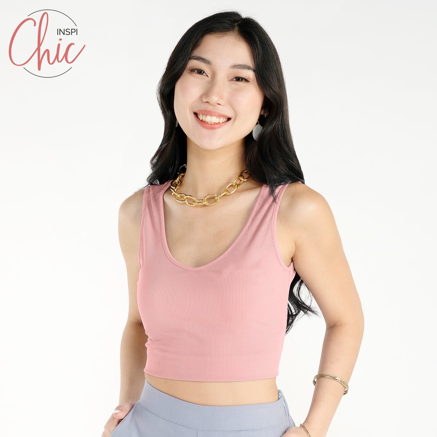 INSPI Chic Trendy Curve Ribbed Deep V-Neck Trendy Top Shirt Sleeveless Top Long Sleeve for Women