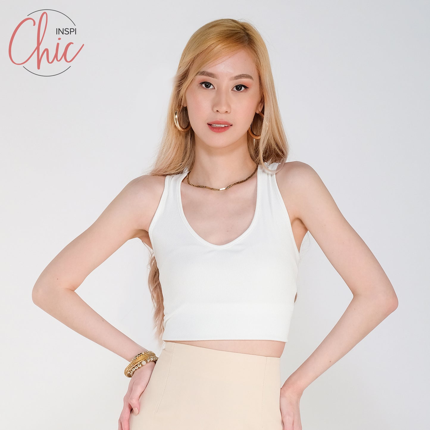INSPI Chic Trendy Curve Ribbed Deep V-Neck Trendy Top Shirt Sleeveless Top Long Sleeve for Women