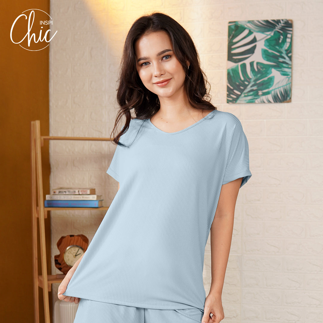 INSPI Chic Plain Ribbed Drape Comfortable Tshirt for Women Rib Knitted Basic Round Neck Blouse Casual Cotton Shirts for Women