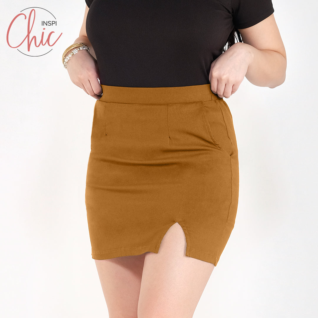 INSPI Chic Ladies Skirt with Slit Fashion Black Green Purple Brown
