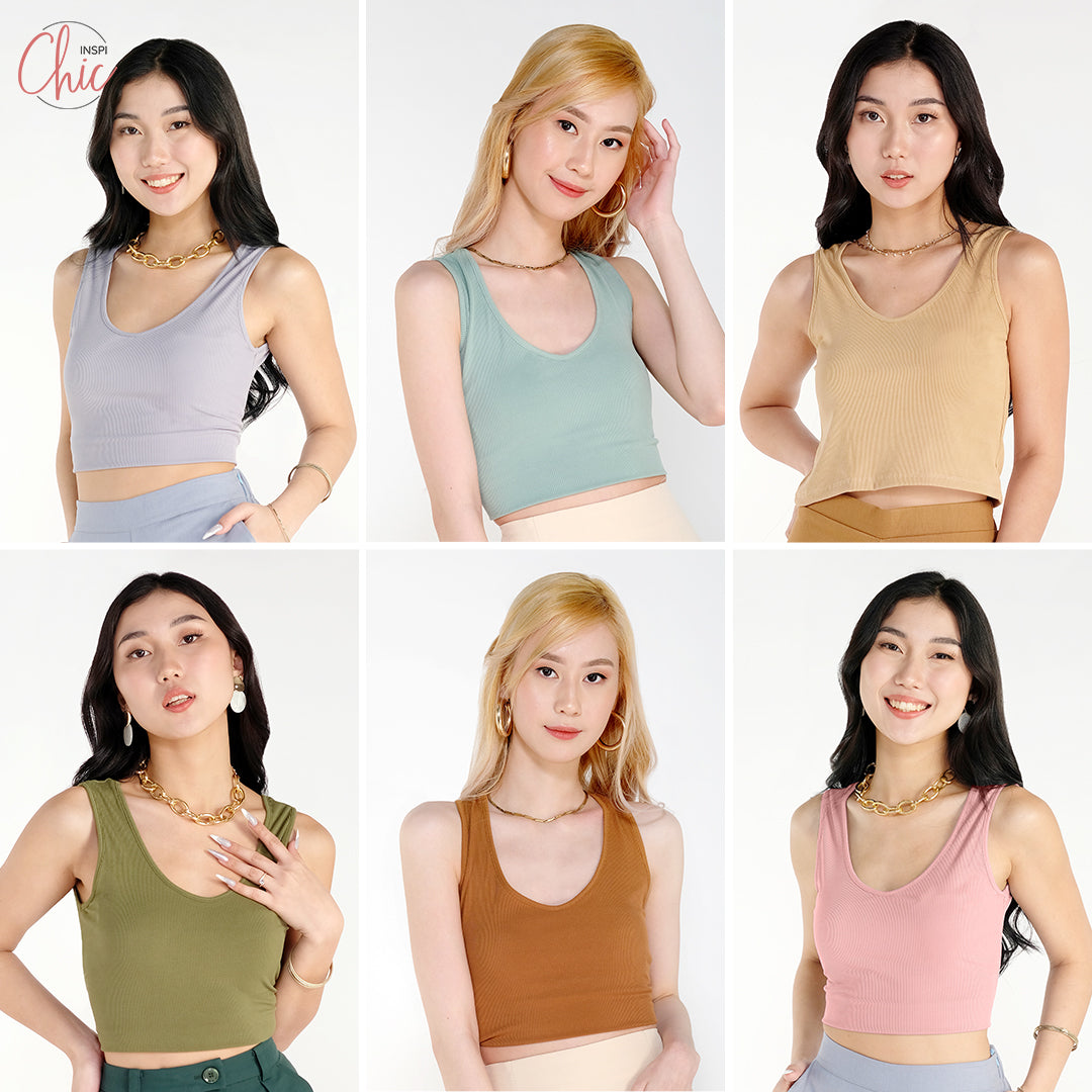 INSPI Chic Trendy Curve Ribbed Deep V-Neck Trendy Top Shirt Sleeveless Top Long Sleeve for Women