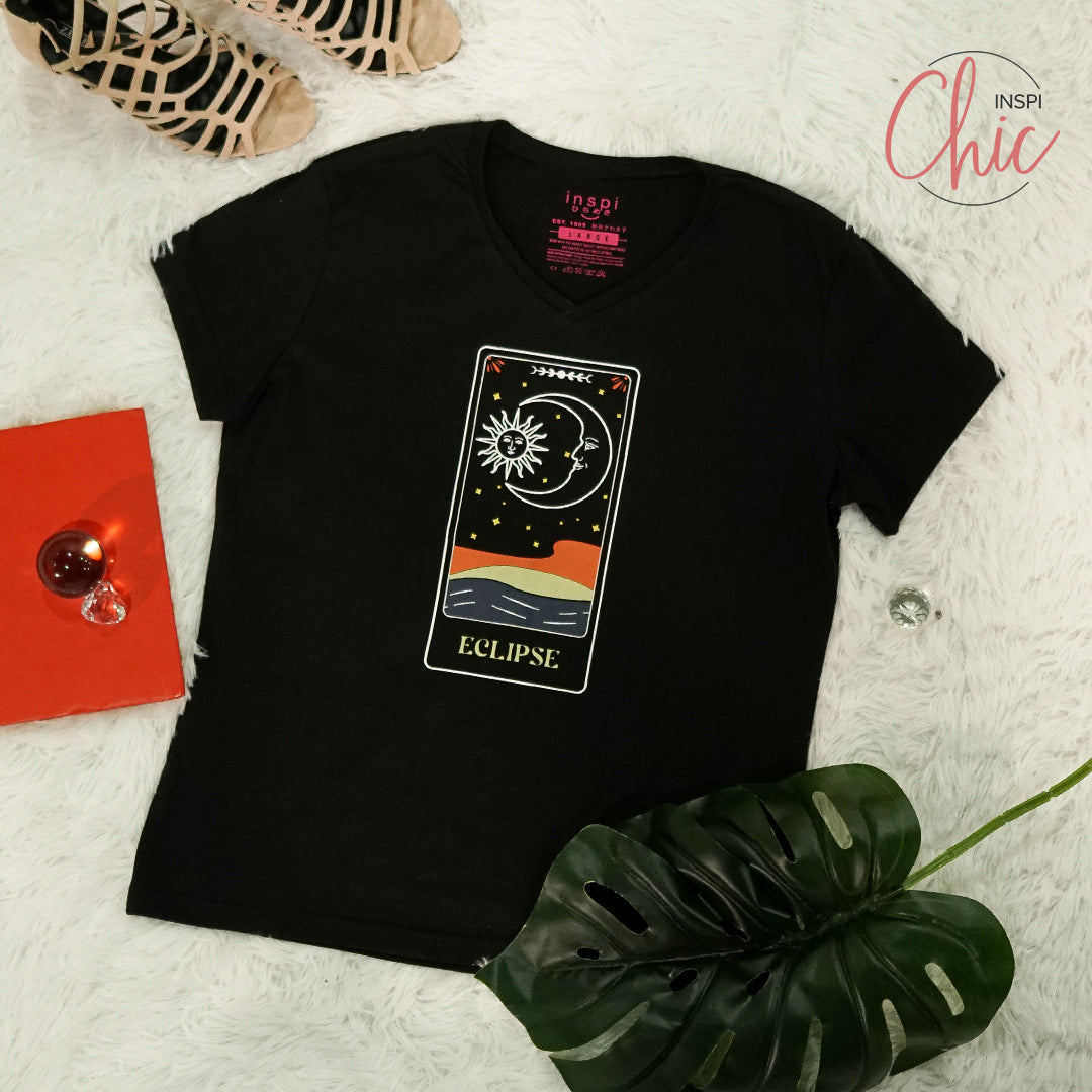 INSPI Chic Eclipse V Neck Tshirt For Women Mystical Graphic Tees Cotton Trendy T Shirt