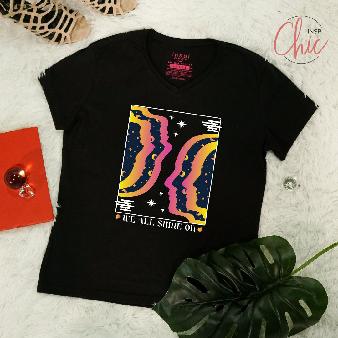 INSPI Chic We All Shine On V Neck Tshirt For Women Mystical Graphic Tees Cotton Trendy T Shirt