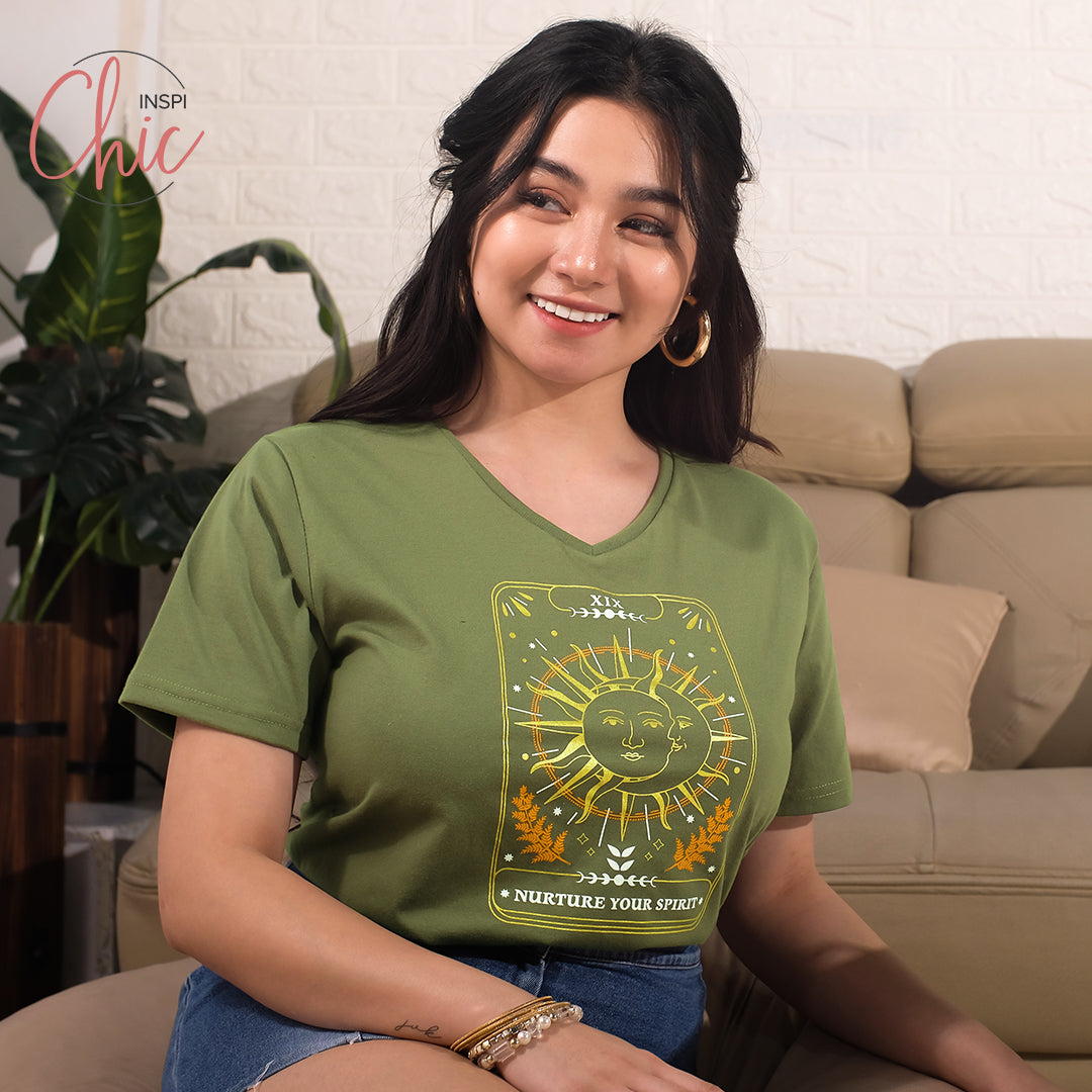 INSPI Chic Nurture Your Spirit V Neck Tshirt For Women Mystical Graphic Tees Cotton Trendy T Shirt