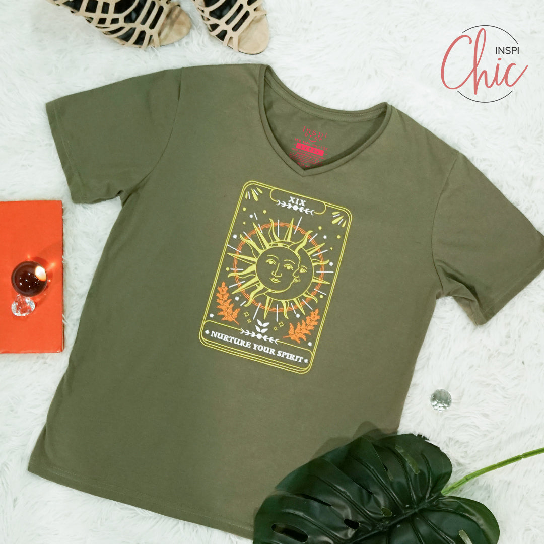 INSPI Chic Nurture Your Spirit V Neck Tshirt For Women Mystical Graphic Tees Cotton Trendy T Shirt