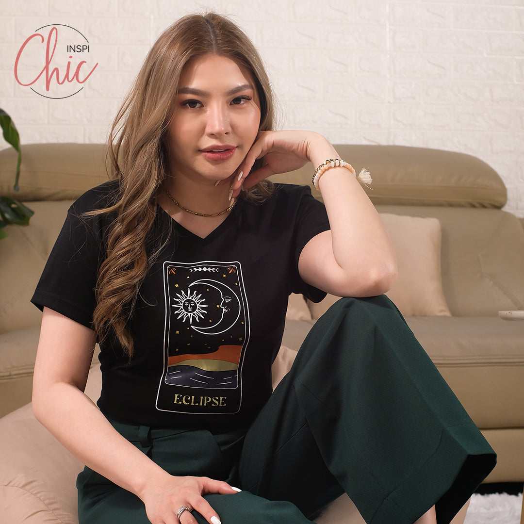 INSPI Chic Eclipse V Neck Tshirt For Women Mystical Graphic Tees Cotton Trendy T Shirt