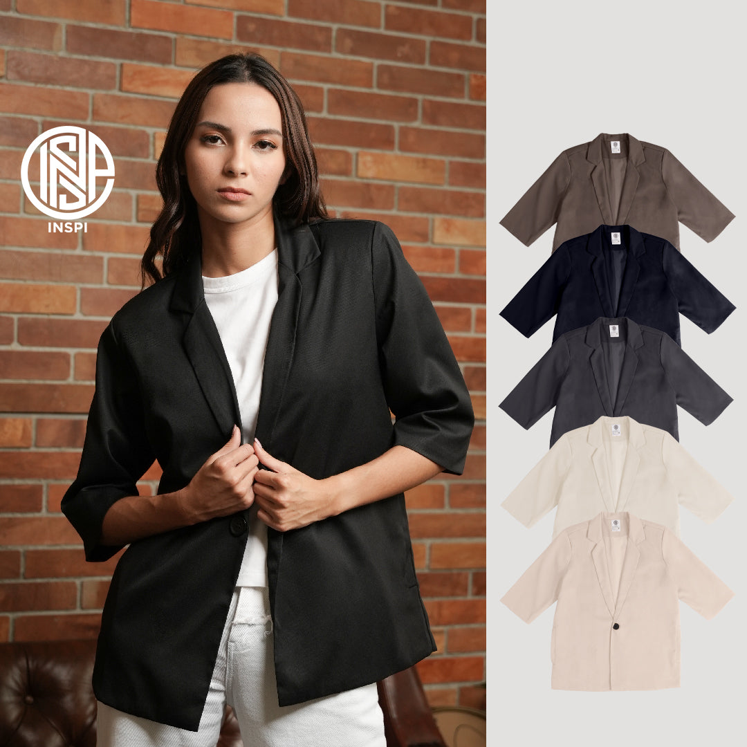 INSPI Coat Blazer Mocha For Women Half Sleeve Plain Cardigan Jacket with Button Korean Coats Tops for Men