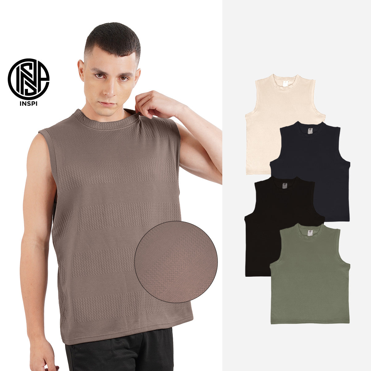 INSPI Textured Muscle Tee Collection For Men Sleeveless Striped Light Olive Tank Top Sando For Women Gym Workout Clothes Exercise Outfit