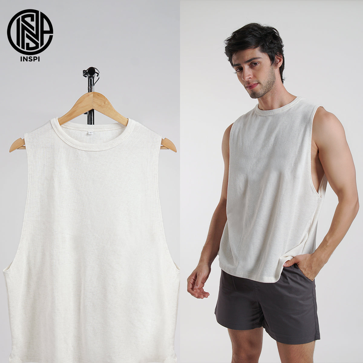 INSPI Waffle Muscle Tee Ivory White Sando for Men Plain Sleeveless Tank Top Gym Workout Exercise Beach Outfit
