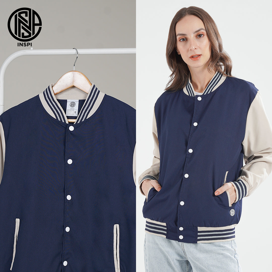 INSPI Varsity Jacket Navy Blue For Men and Women with Buttons and Pockets Korean Bomber Baseball Jersey Line