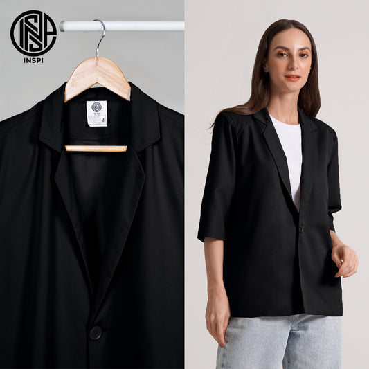 INSPI Coat Blazer Black For Women Half Sleeve Plain Cardigan Jacket with Button Korean Coats Tops for Men
