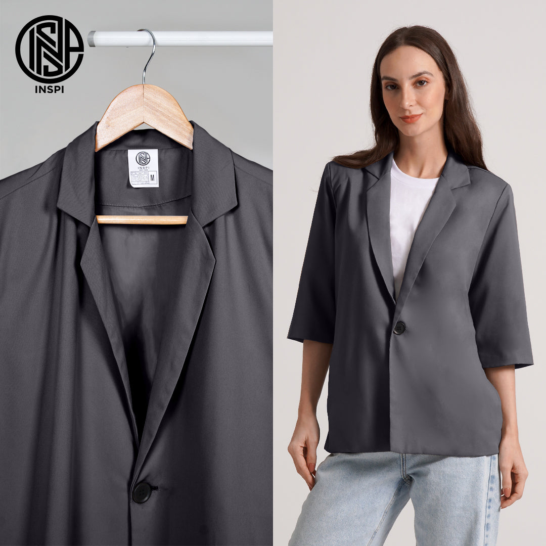 INSPI Coat Blazer Dark Gray For Women Half Sleeve Plain Cardigan Jacket with Button Korean Coats Tops for Men
