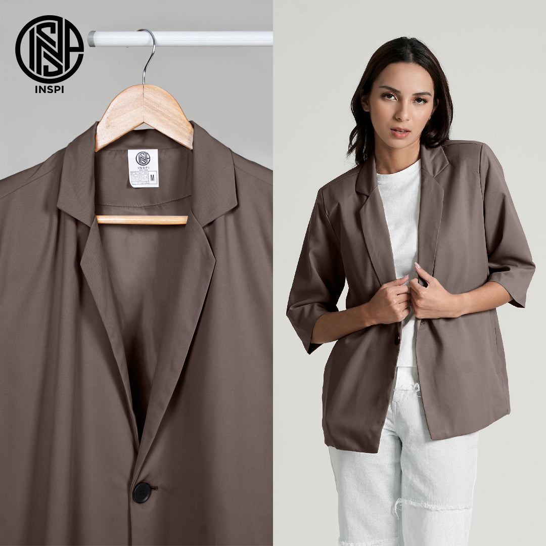 INSPI Coat Blazer Mocha For Women Half Sleeve Plain Cardigan Jacket with Button Korean Coats Tops for Men