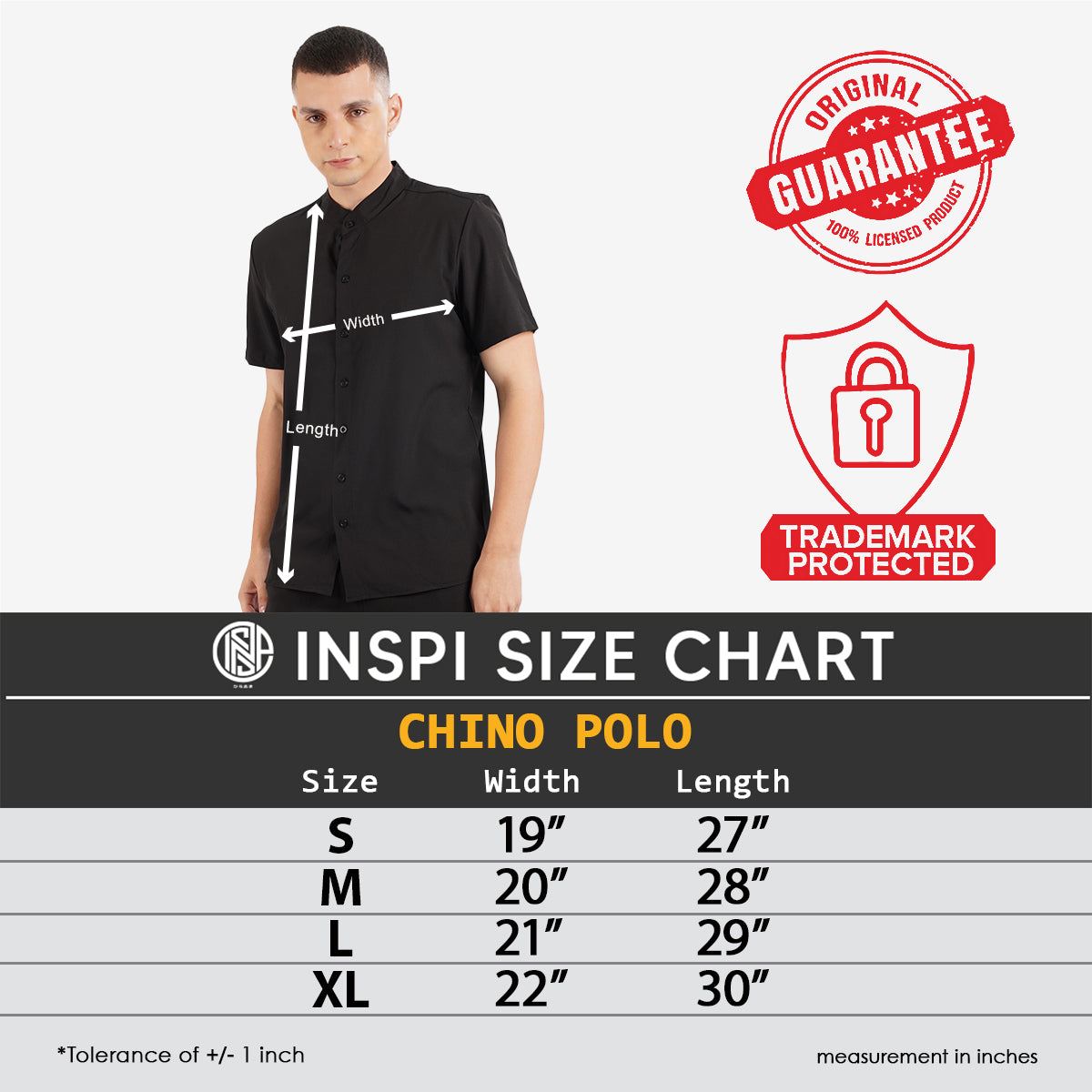 INSPI Chino Polo for Men with Full Buttons Chinese Collar Black