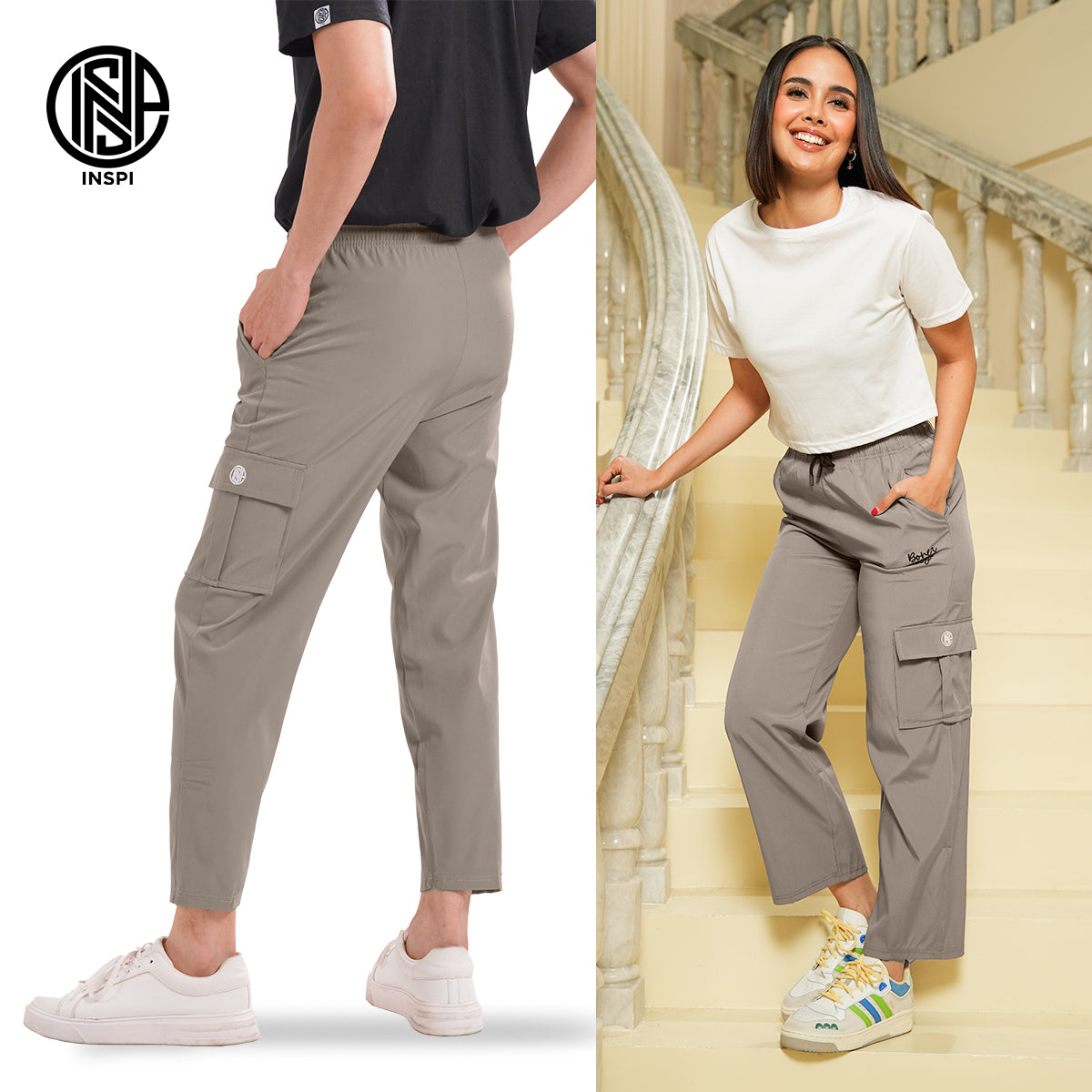 INSPI x Bonez Fofo Cargo Pants For Men and Women with Side Pocket Drawstring High Waist Trouser Plain Straight Cut Pant