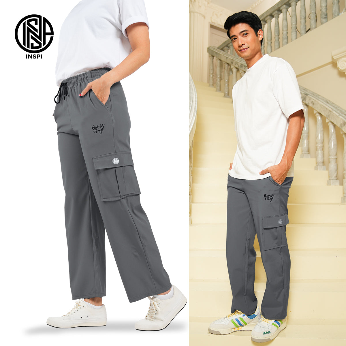 INSPI x Bonez & Fofo Cargo Pants For Men and Women with Side Pocket & Drawstring High Waist Trouser Plain Straight Cut Pant