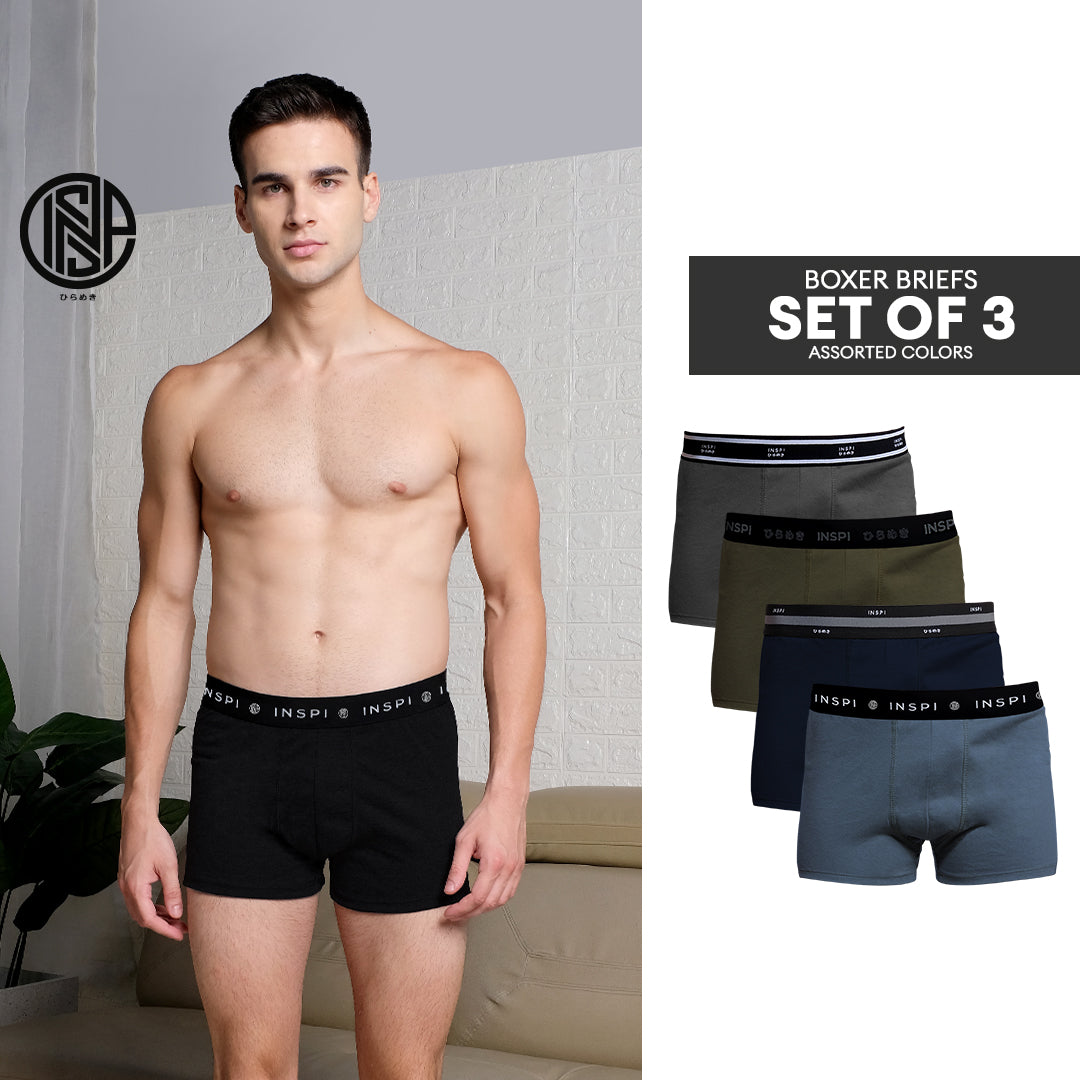 INSPI Basics 3pcs Set Boxer Brief for Man Assorted Colors Boxers Shorts Underwear for Men Black Gray Design 3