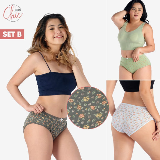 INSPI Chic 3pcs Panty for Women Plus Size or Regular Set Ribbon Printed or Plain Cotton Underwear for Woman Set B