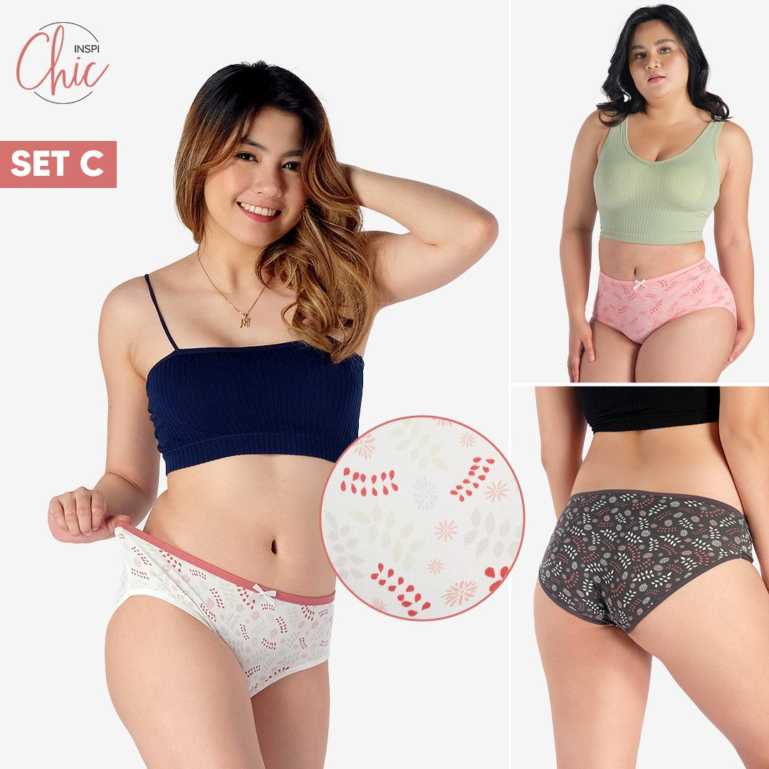 INSPI Chic 3pcs Panty for Women Plus Size or Regular Set Ribbon Printed or Plain Cotton Underwear for Woman Set C