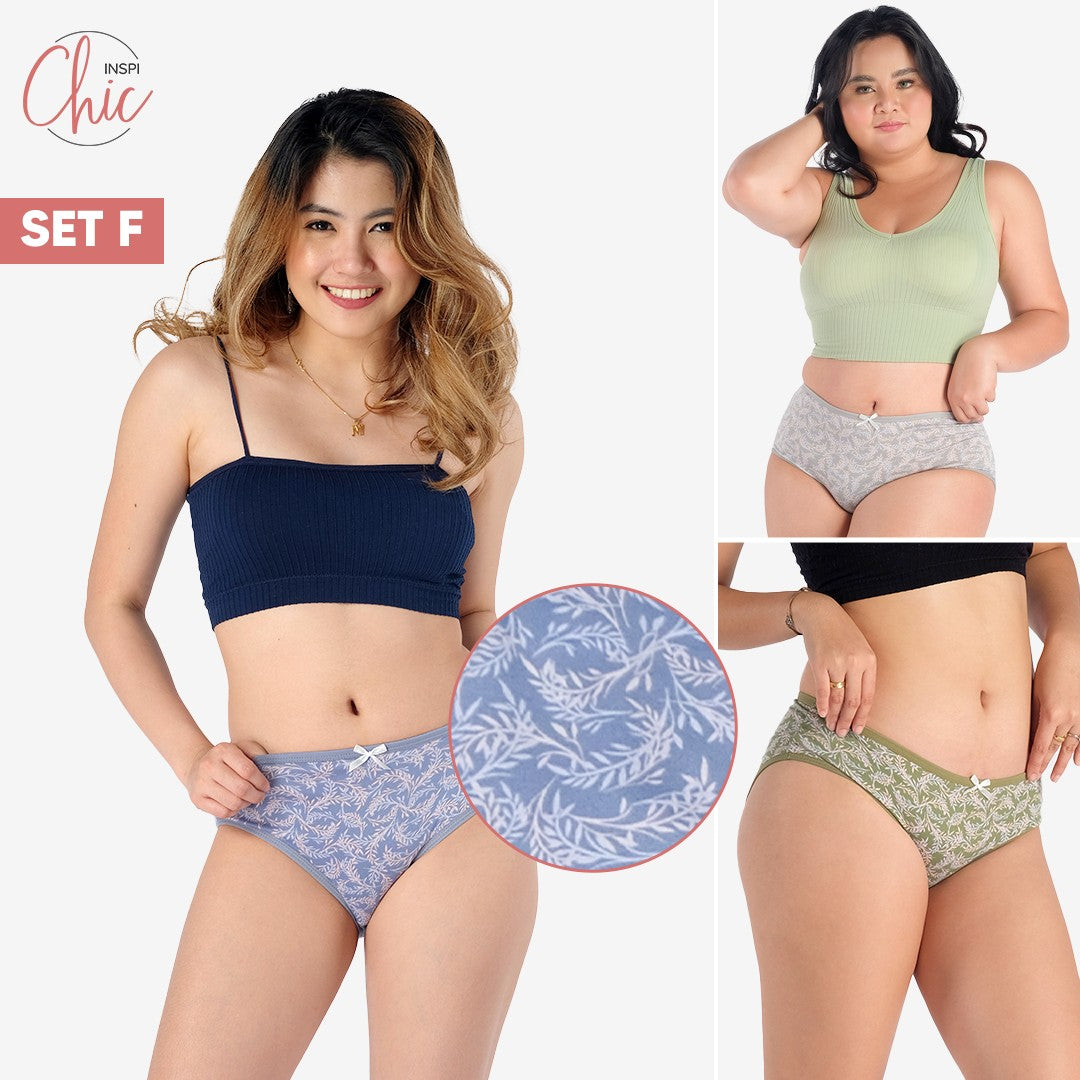 INSPI Chic 3pcs Panty for Women Plus Size or Regular Set Ribbon Printed or Plain Cotton Underwear for Woman Set F