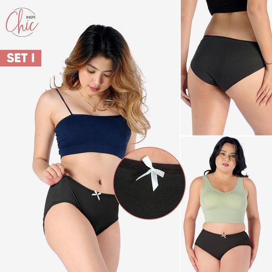 INSPI Chic 3pcs Panty for Women Plus Size or Regular Set Ribbon Printed or Plain Cotton Underwear for Woman Set I