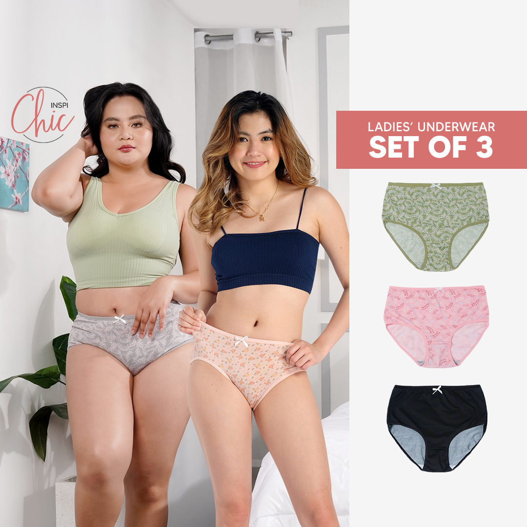 INSPI Chic 3pcs Panty for Women Plus Size or Regular Set Ribbon Printed or Plain Cotton Underwear for Woman Set C