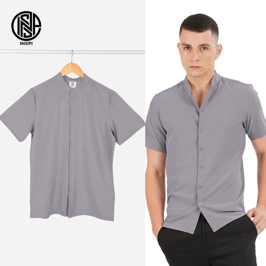 INSPI Chino Polo for Men with Full Buttons Chinese Collar Light Gray