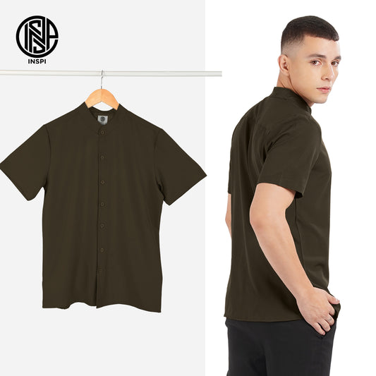 INSPI Chino Polo for Men with Full Buttons Chinese Collar Olive