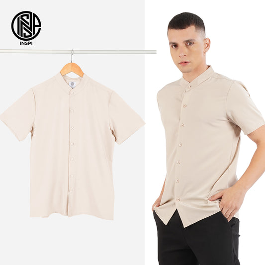 INSPI Chino Polo for Men with Full Buttons Chinese Collar Light Khaki