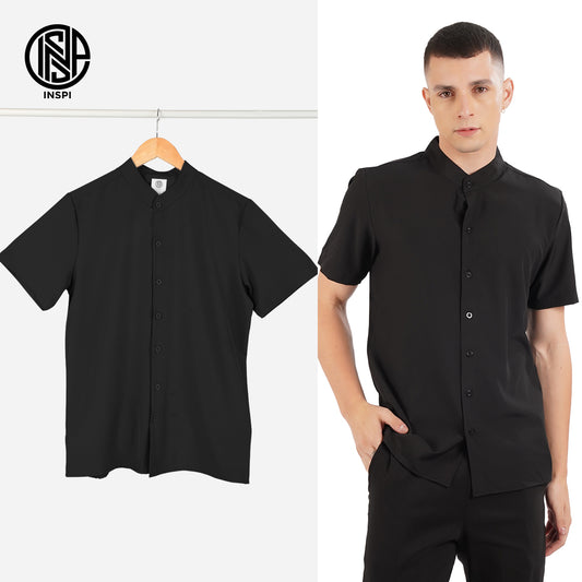 INSPI Chino Polo for Men with Full Buttons Chinese Collar Black