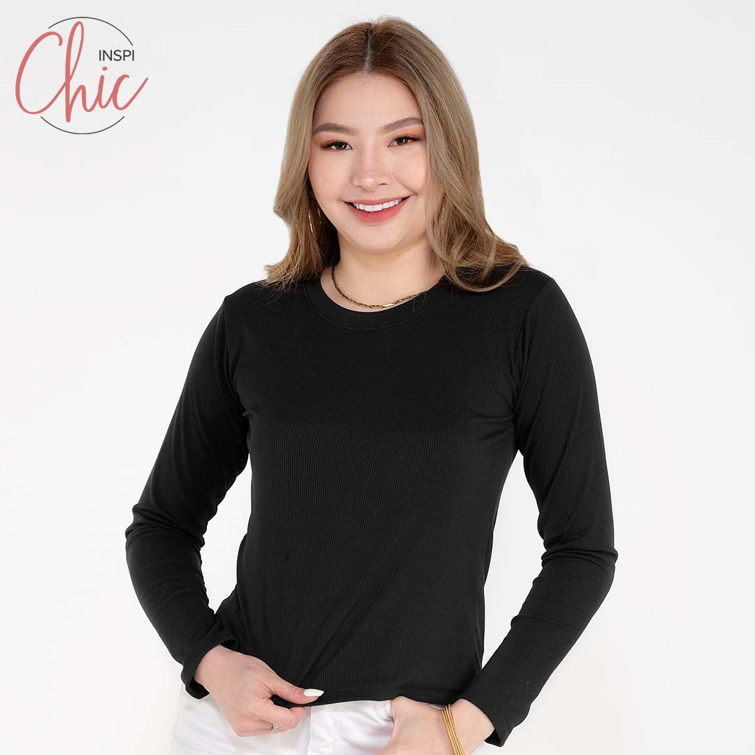 INSPI Chic Trendy Curve Ribbed Long Sleeves Neck Trendy Tops Shirt Blouse Top Long Sleeve for Women