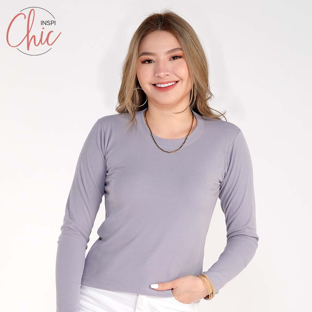 INSPI Chic Trendy Curve Ribbed Long Sleeves Neck Trendy Tops Shirt Blouse Top Long Sleeve for Women