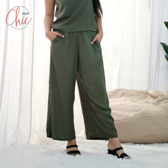 INSPI Chic Army Green Boho Square Pants for Women Wide Leg Cotton High